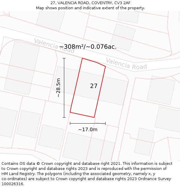 27, VALENCIA ROAD, COVENTRY, CV3 2AF: Plot and title map