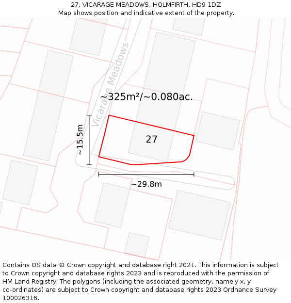 27, VICARAGE MEADOWS, HOLMFIRTH, HD9 1DZ: Plot and title map