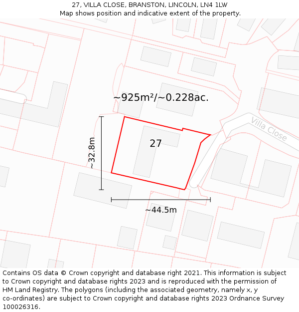 27, VILLA CLOSE, BRANSTON, LINCOLN, LN4 1LW: Plot and title map