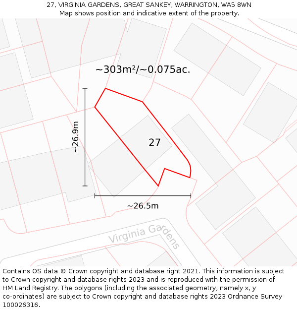 27, VIRGINIA GARDENS, GREAT SANKEY, WARRINGTON, WA5 8WN: Plot and title map