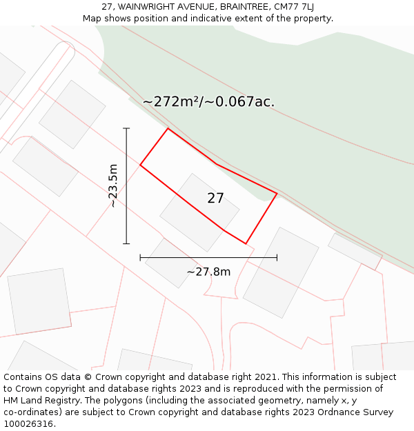27, WAINWRIGHT AVENUE, BRAINTREE, CM77 7LJ: Plot and title map