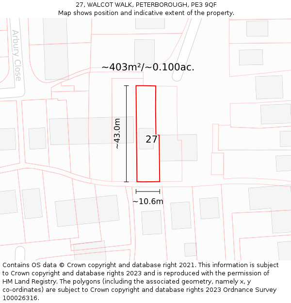 27, WALCOT WALK, PETERBOROUGH, PE3 9QF: Plot and title map