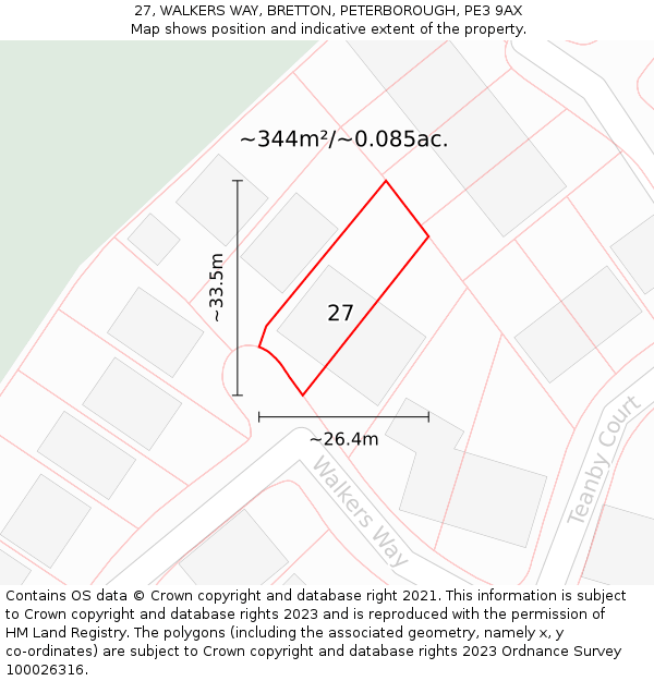 27, WALKERS WAY, BRETTON, PETERBOROUGH, PE3 9AX: Plot and title map