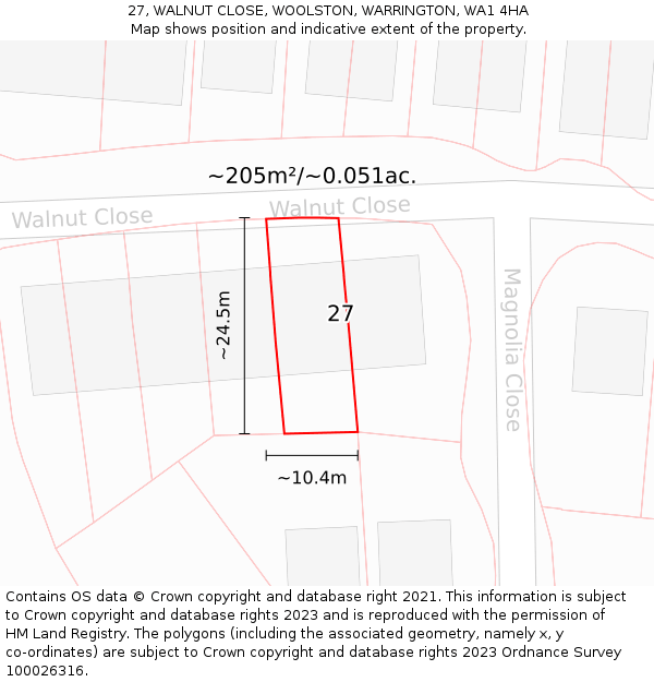 27, WALNUT CLOSE, WOOLSTON, WARRINGTON, WA1 4HA: Plot and title map