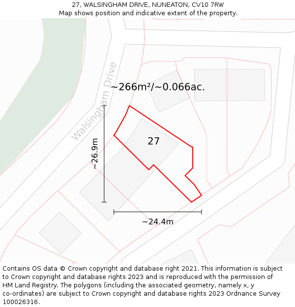27, WALSINGHAM DRIVE, NUNEATON, CV10 7RW: Plot and title map