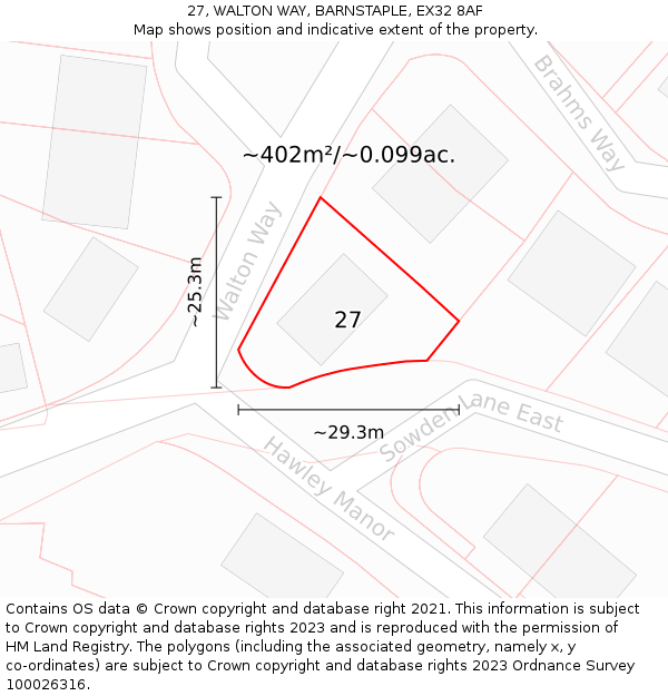 27, WALTON WAY, BARNSTAPLE, EX32 8AF: Plot and title map