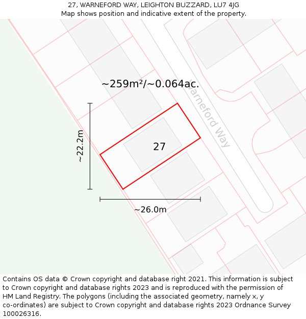 27, WARNEFORD WAY, LEIGHTON BUZZARD, LU7 4JG: Plot and title map
