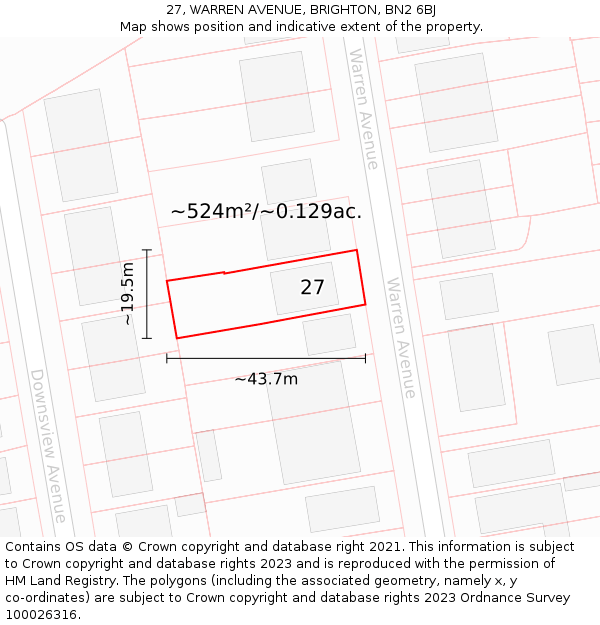 27, WARREN AVENUE, BRIGHTON, BN2 6BJ: Plot and title map