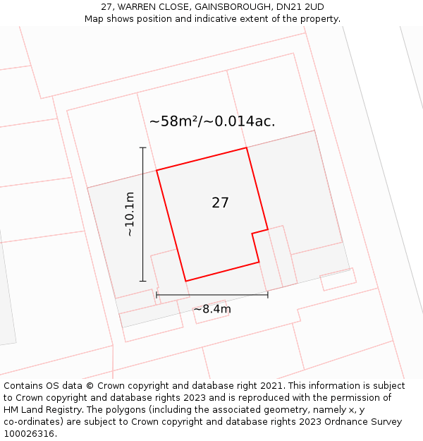 27, WARREN CLOSE, GAINSBOROUGH, DN21 2UD: Plot and title map