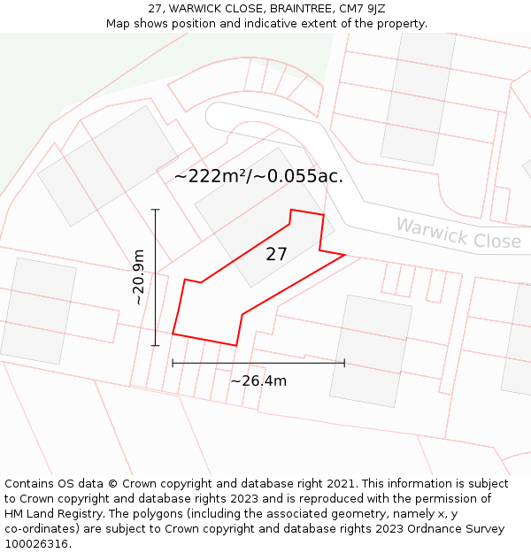 27, WARWICK CLOSE, BRAINTREE, CM7 9JZ: Plot and title map