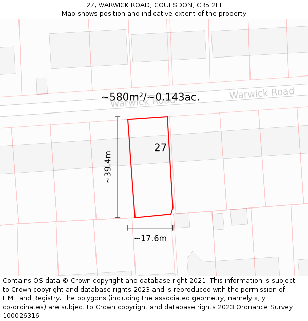 27, WARWICK ROAD, COULSDON, CR5 2EF: Plot and title map