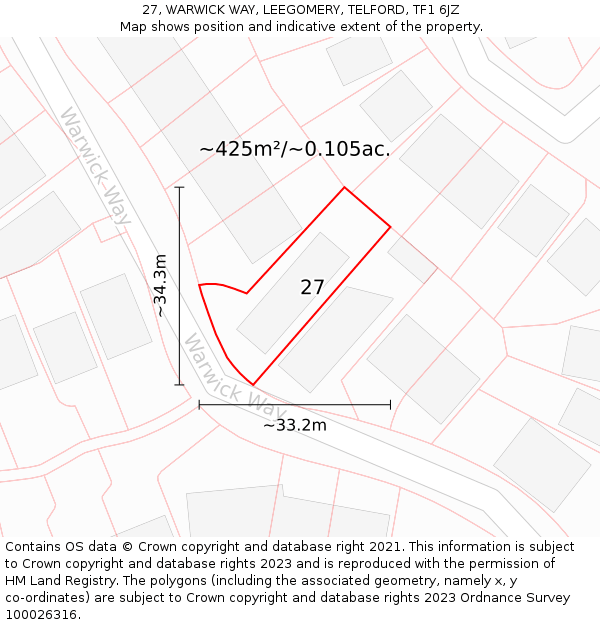 27, WARWICK WAY, LEEGOMERY, TELFORD, TF1 6JZ: Plot and title map