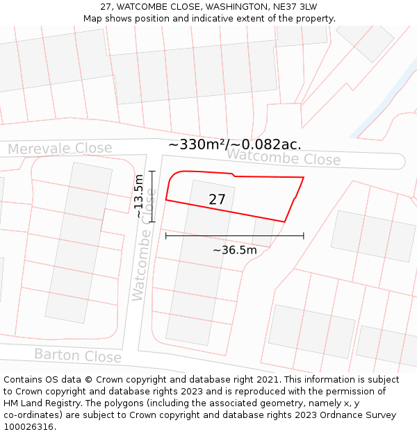 27, WATCOMBE CLOSE, WASHINGTON, NE37 3LW: Plot and title map