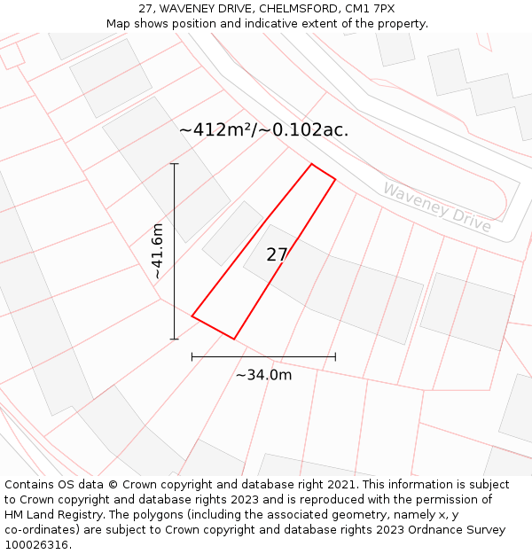 27, WAVENEY DRIVE, CHELMSFORD, CM1 7PX: Plot and title map