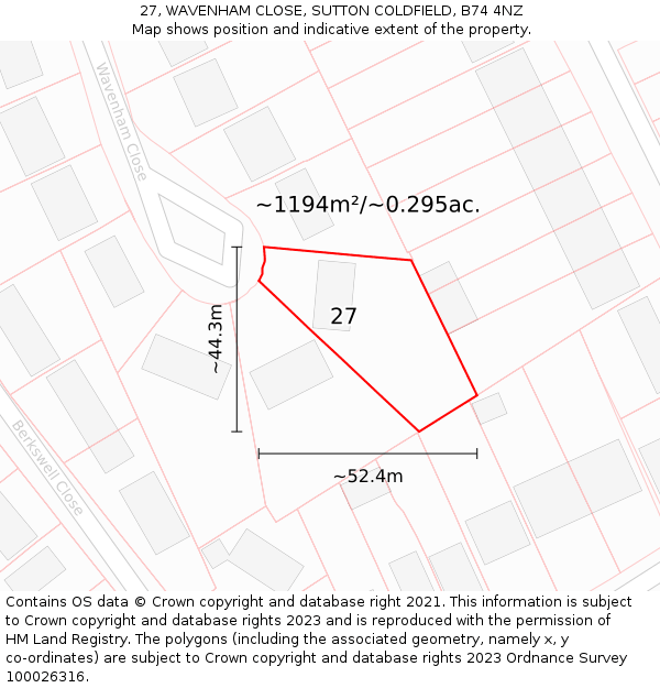 27, WAVENHAM CLOSE, SUTTON COLDFIELD, B74 4NZ: Plot and title map