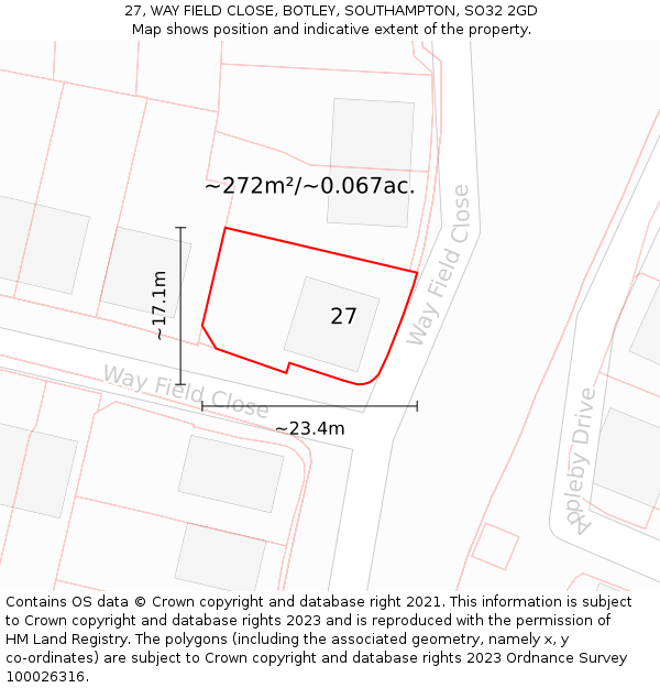 27, WAY FIELD CLOSE, BOTLEY, SOUTHAMPTON, SO32 2GD: Plot and title map