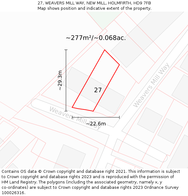 27, WEAVERS MILL WAY, NEW MILL, HOLMFIRTH, HD9 7FB: Plot and title map