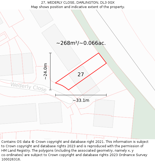 27, WEDERLY CLOSE, DARLINGTON, DL3 0GX: Plot and title map