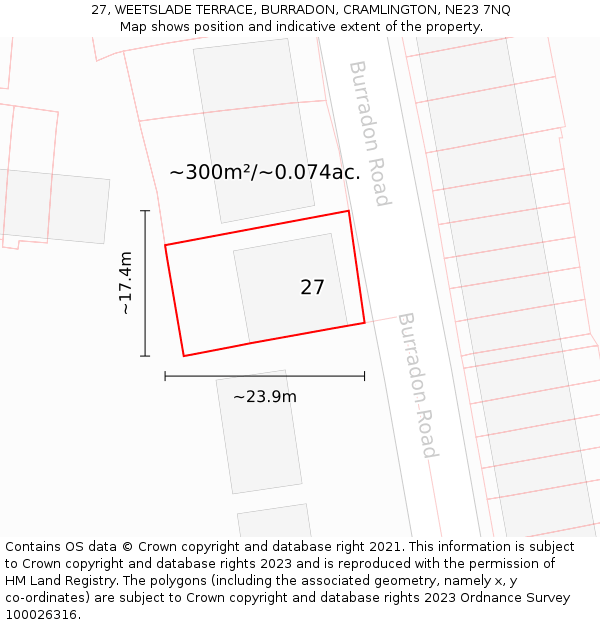 27, WEETSLADE TERRACE, BURRADON, CRAMLINGTON, NE23 7NQ: Plot and title map