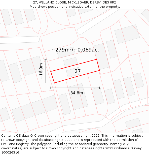 27, WELLAND CLOSE, MICKLEOVER, DERBY, DE3 0RZ: Plot and title map