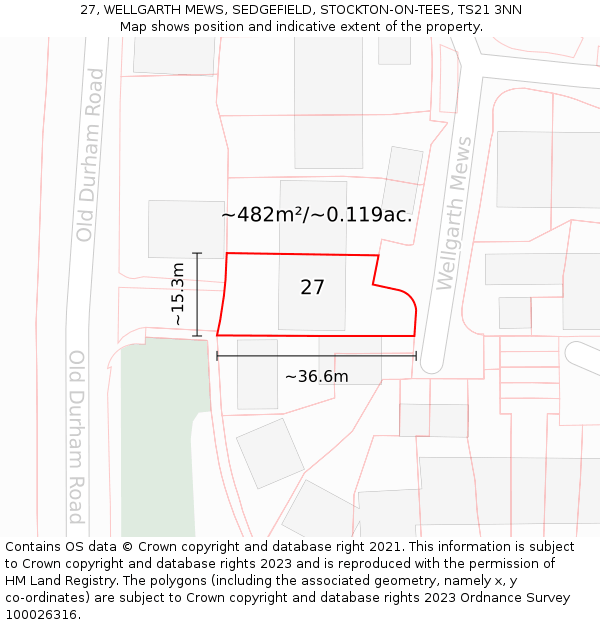 27, WELLGARTH MEWS, SEDGEFIELD, STOCKTON-ON-TEES, TS21 3NN: Plot and title map