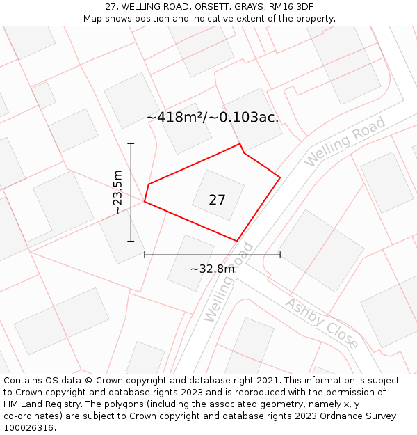 27, WELLING ROAD, ORSETT, GRAYS, RM16 3DF: Plot and title map
