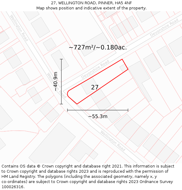 27, WELLINGTON ROAD, PINNER, HA5 4NF: Plot and title map
