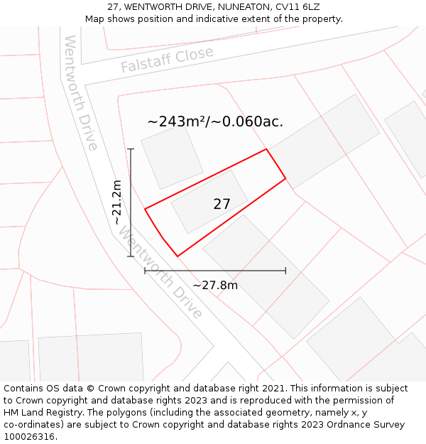 27, WENTWORTH DRIVE, NUNEATON, CV11 6LZ: Plot and title map