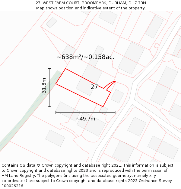 27, WEST FARM COURT, BROOMPARK, DURHAM, DH7 7RN: Plot and title map