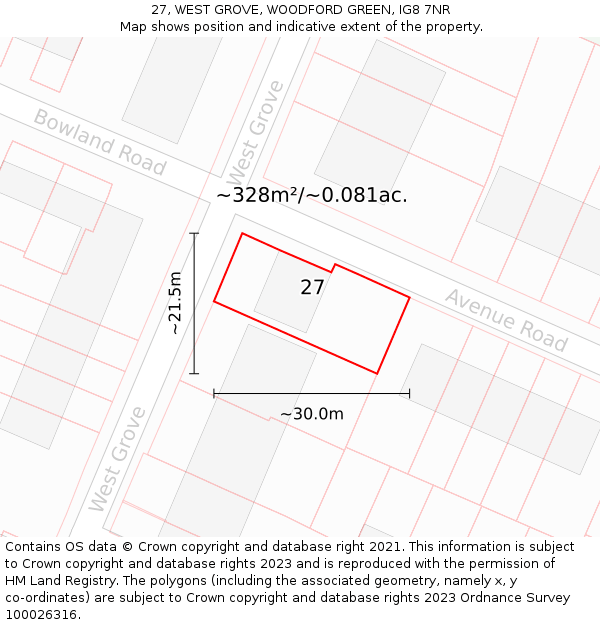 27, WEST GROVE, WOODFORD GREEN, IG8 7NR: Plot and title map