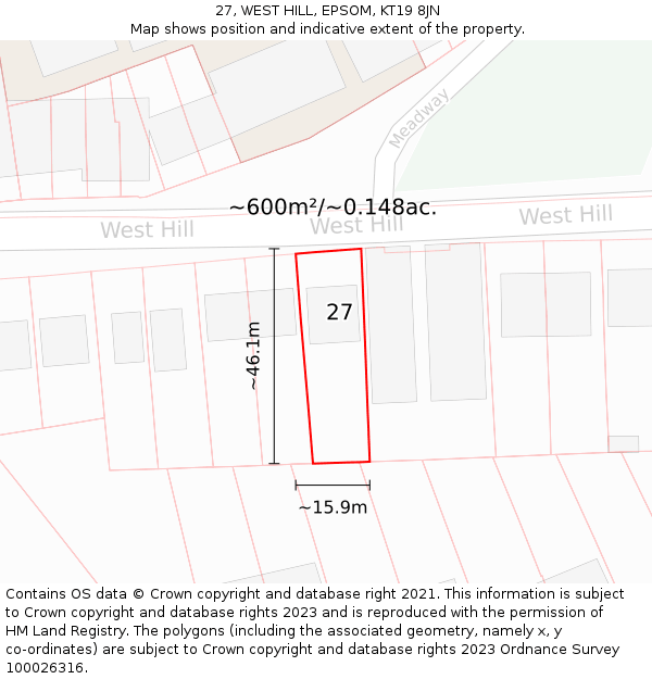 27, WEST HILL, EPSOM, KT19 8JN: Plot and title map