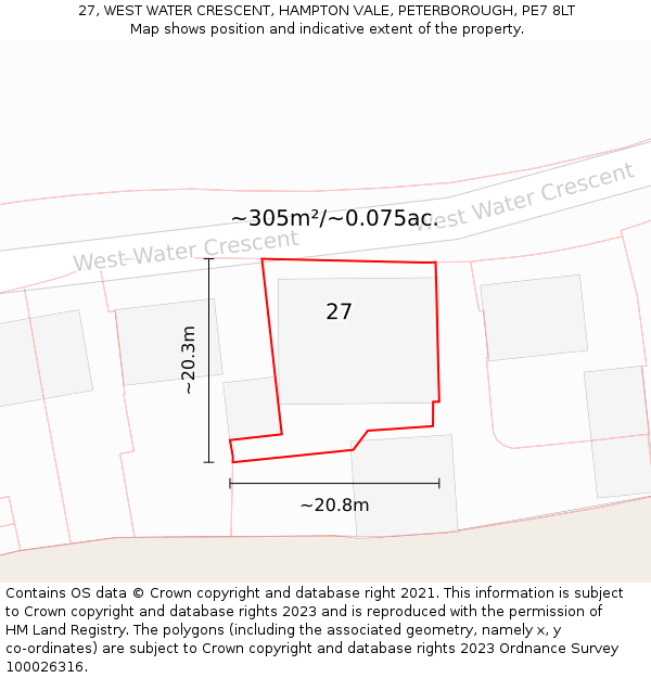 27, WEST WATER CRESCENT, HAMPTON VALE, PETERBOROUGH, PE7 8LT: Plot and title map