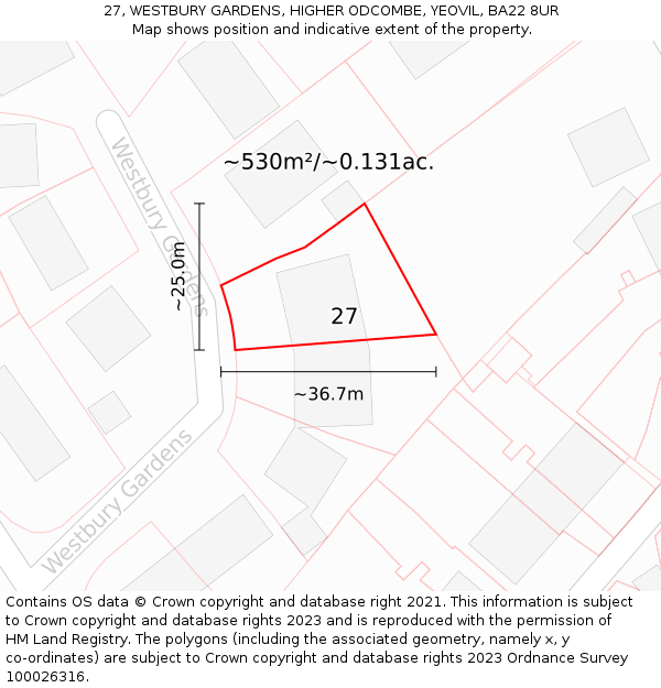 27, WESTBURY GARDENS, HIGHER ODCOMBE, YEOVIL, BA22 8UR: Plot and title map