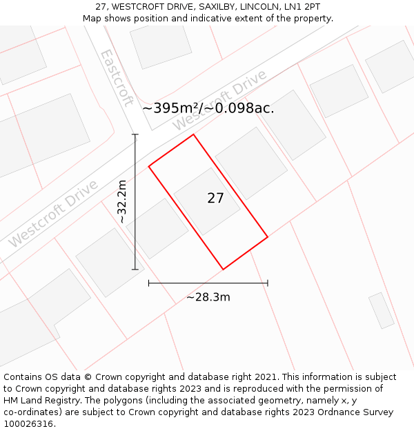 27, WESTCROFT DRIVE, SAXILBY, LINCOLN, LN1 2PT: Plot and title map