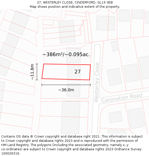 27, WESTERLEY CLOSE, CINDERFORD, GL14 3EB: Plot and title map