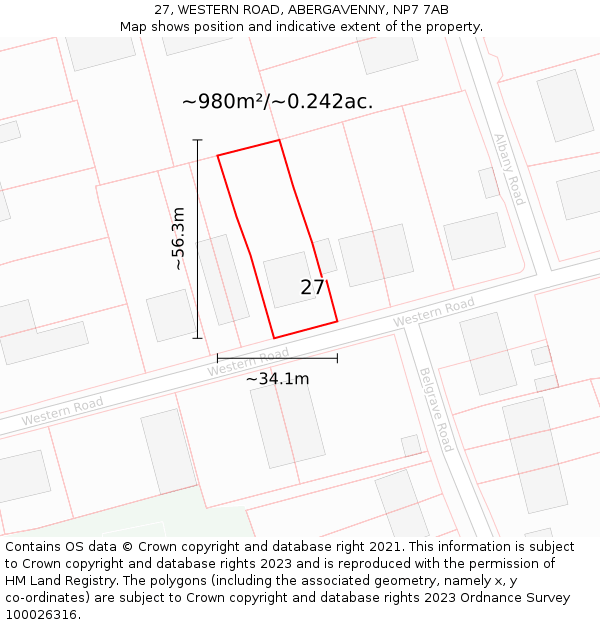 27, WESTERN ROAD, ABERGAVENNY, NP7 7AB: Plot and title map