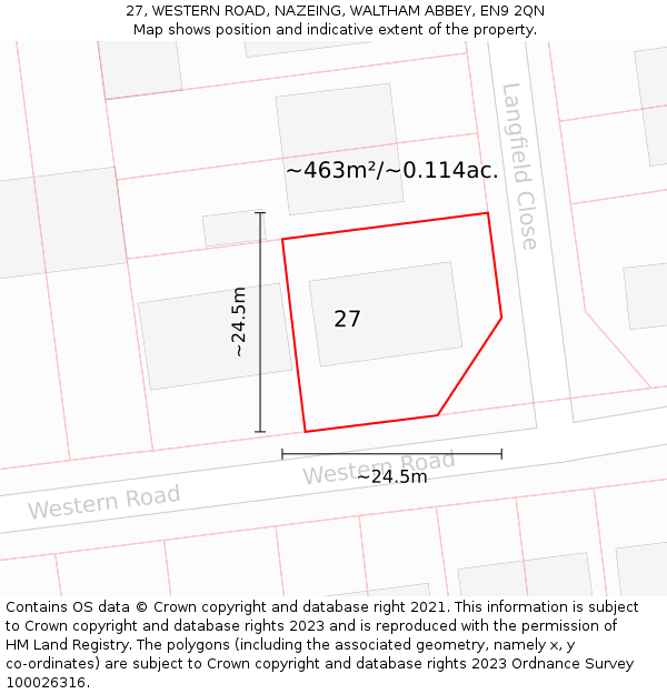 27, WESTERN ROAD, NAZEING, WALTHAM ABBEY, EN9 2QN: Plot and title map