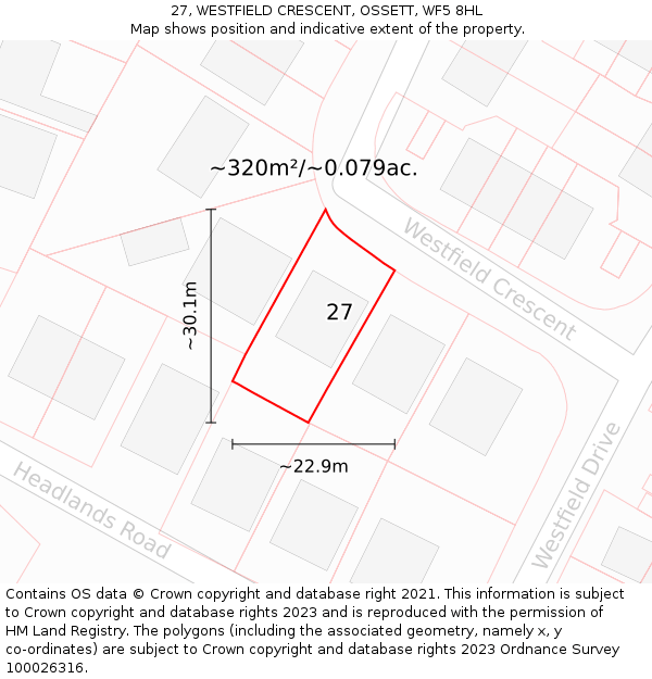 27, WESTFIELD CRESCENT, OSSETT, WF5 8HL: Plot and title map