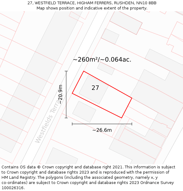 27, WESTFIELD TERRACE, HIGHAM FERRERS, RUSHDEN, NN10 8BB: Plot and title map