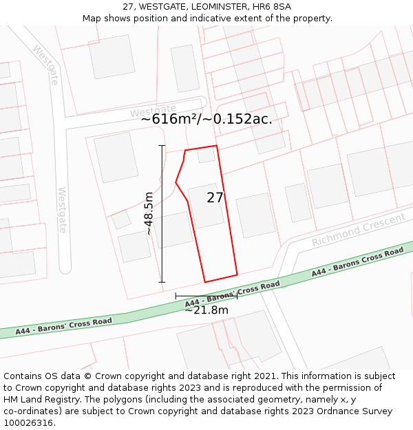 27, WESTGATE, LEOMINSTER, HR6 8SA: Plot and title map