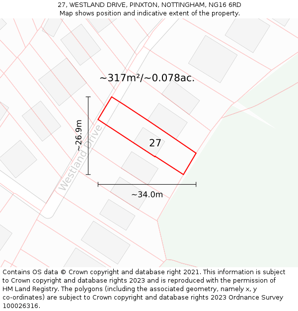 27, WESTLAND DRIVE, PINXTON, NOTTINGHAM, NG16 6RD: Plot and title map
