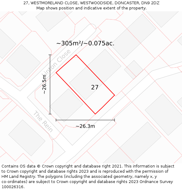 27, WESTMORELAND CLOSE, WESTWOODSIDE, DONCASTER, DN9 2DZ: Plot and title map