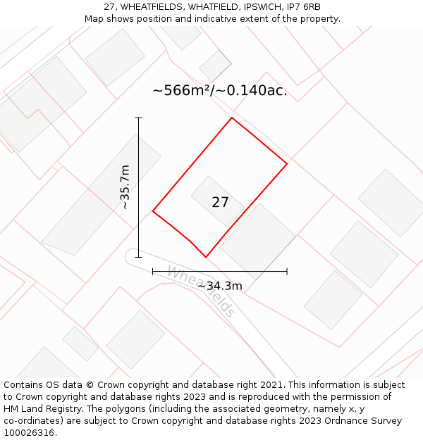 27, WHEATFIELDS, WHATFIELD, IPSWICH, IP7 6RB: Plot and title map