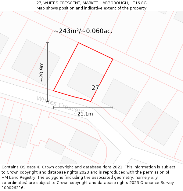 27, WHITES CRESCENT, MARKET HARBOROUGH, LE16 8GJ: Plot and title map