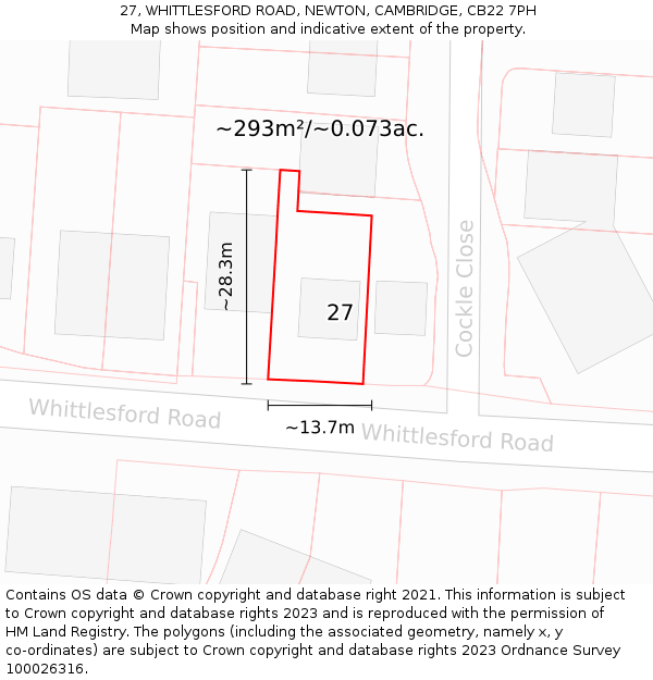 27, WHITTLESFORD ROAD, NEWTON, CAMBRIDGE, CB22 7PH: Plot and title map
