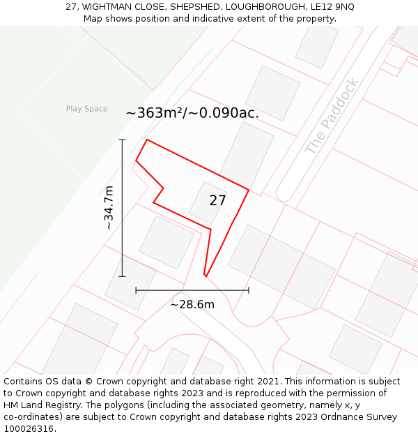 27, WIGHTMAN CLOSE, SHEPSHED, LOUGHBOROUGH, LE12 9NQ: Plot and title map