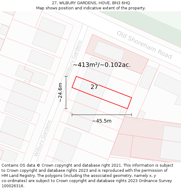 27, WILBURY GARDENS, HOVE, BN3 6HQ: Plot and title map