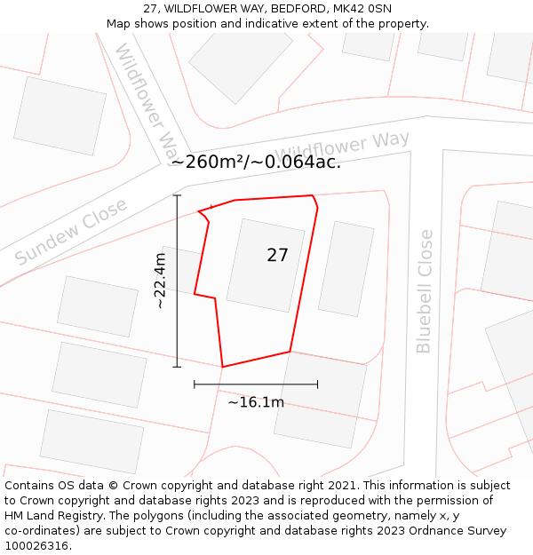 27, WILDFLOWER WAY, BEDFORD, MK42 0SN: Plot and title map