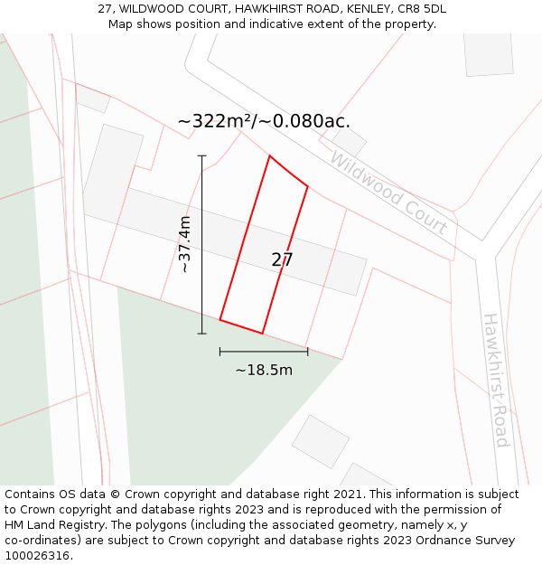27, WILDWOOD COURT, HAWKHIRST ROAD, KENLEY, CR8 5DL: Plot and title map