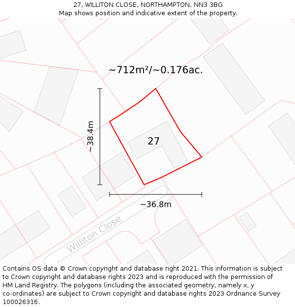 27, WILLITON CLOSE, NORTHAMPTON, NN3 3BG: Plot and title map
